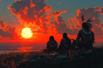 A Native American family sitting around a campfire, sharing stories as the sun sets, with traditional blankets and symbols present, emphasizing the connection between family, tradition, and nature,