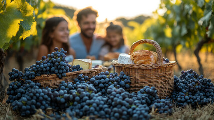 A French family enjoying a picnic in a vineyard, with a wicker basket, bread, cheese, and grapes, celebrating Family Day with an emphasis on simple pleasures and quality time together,