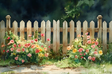 A quaint wooden fence adorned with vibrant flowers creates a charming garden scene, emphasizing nature's beauty and tranquility.