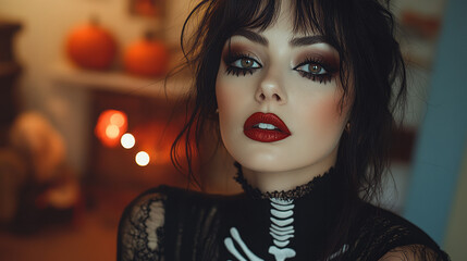 A woman with a vintage Halloween makeup look, featuring bold red lips, perfectly winged eyeliner, and soft skeleton detailing in white, adding a spooky yet classic vibe,