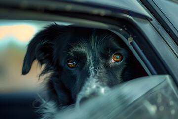 A close-up of a black and white border collie peeking out of a car window, capturing curious eyes and playful spirit.