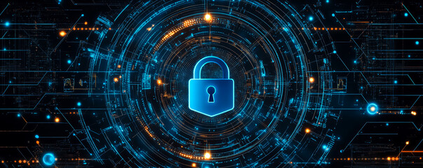 Blue padlock on digital tech circle background. Cyber security, data protection and encryption, internet network, protect financial data from cyber attack. Firewall antivirus from hacker attack.