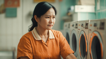 A woman in an orange shirt stands thoughtfully in front of industrial washing machines in a laundromat, bathed in warm light.