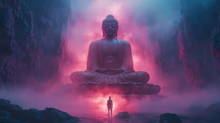 A person standing in front of huge Buddha statue with colorful light emanating from the bottom, surrounded by foggy rocks, in a dark fantasy style. The scene has a minimalistic, aesthetic