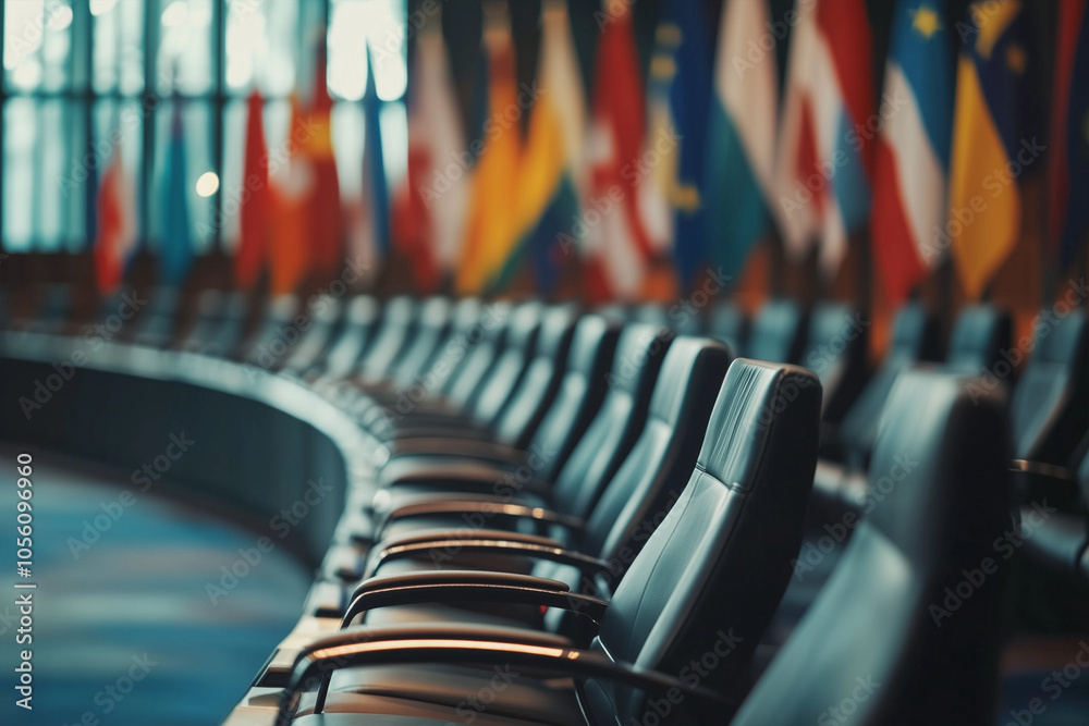 Wall mural european parliament chamber with empty seats and flags of member states