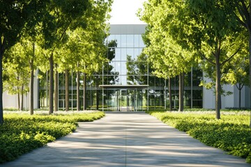 Obraz premium Contemporary low-rise office park surrounded by trees, large reflective windows, metal and glass design, featuring energy-efficient architecture and eco-friendly landscaping.