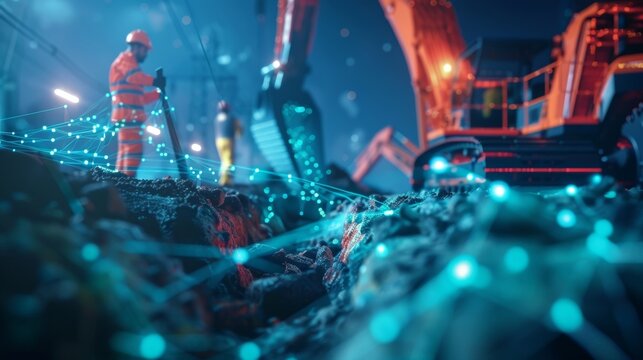 A group of construction workers digging trenches and laying cables underground for the 5G network.