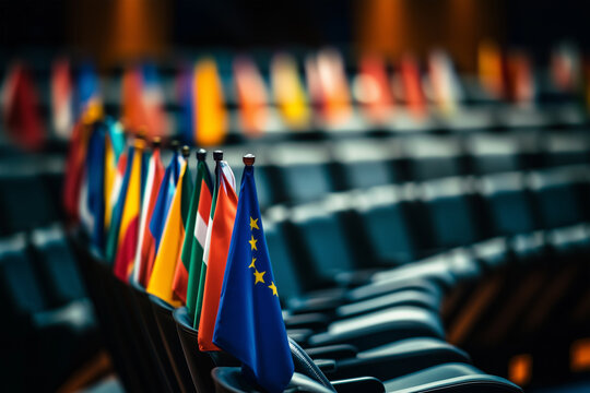 European Parliament Chamber with Empty Seats and Flags of Member States