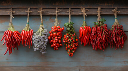 Fresh red chilies, tomatoes, and herbs hanging on rustic wall
