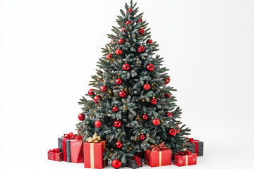 Christmas Tree with red decorations and gifts. Holiday concept on White background with copy-space.