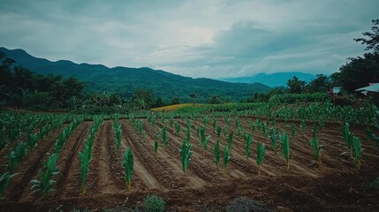 Fototapeta premium A field of young palm trees planted in rows on a hillside, with lush green mountains in the background.