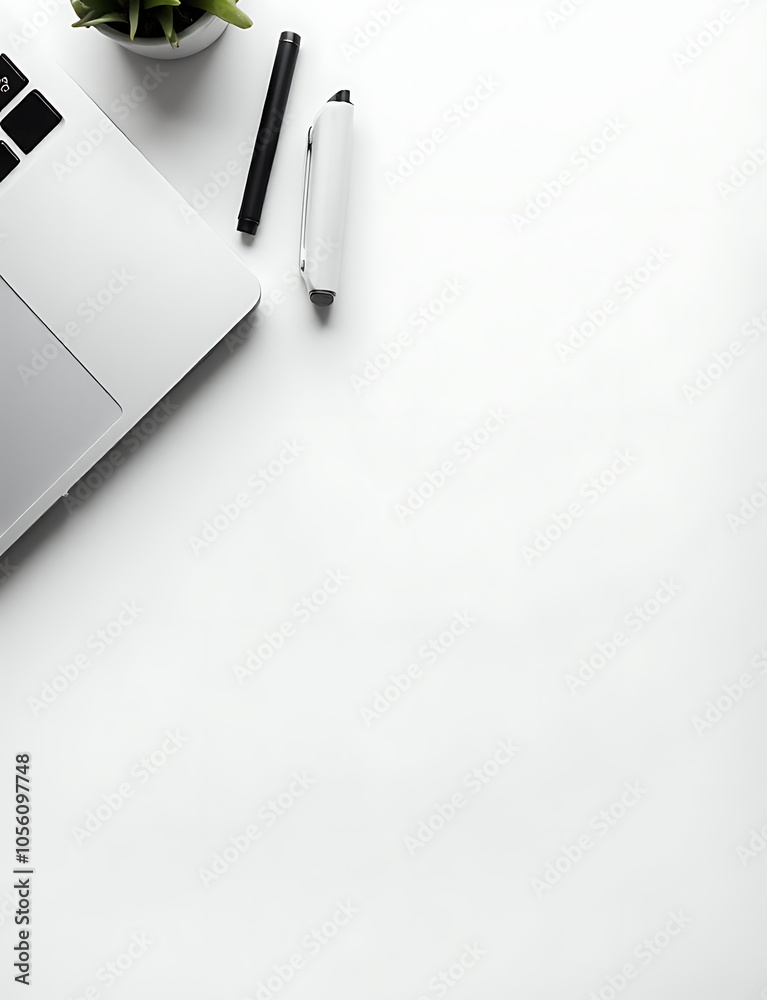 Aufkleber Laptop and pens on white desk in a flat lay setup with plenty of empty space around it.