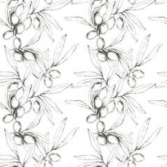 This seamless pencil-drawn pattern features olive branches and olives. Clipart ideal for textile design, wallpaper, or gift wrap, providing a detailed natural element to various products