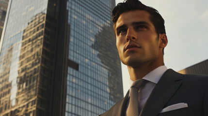 Fototapeta premium Confident Businessman Looking Forward in a Modern Cityscape