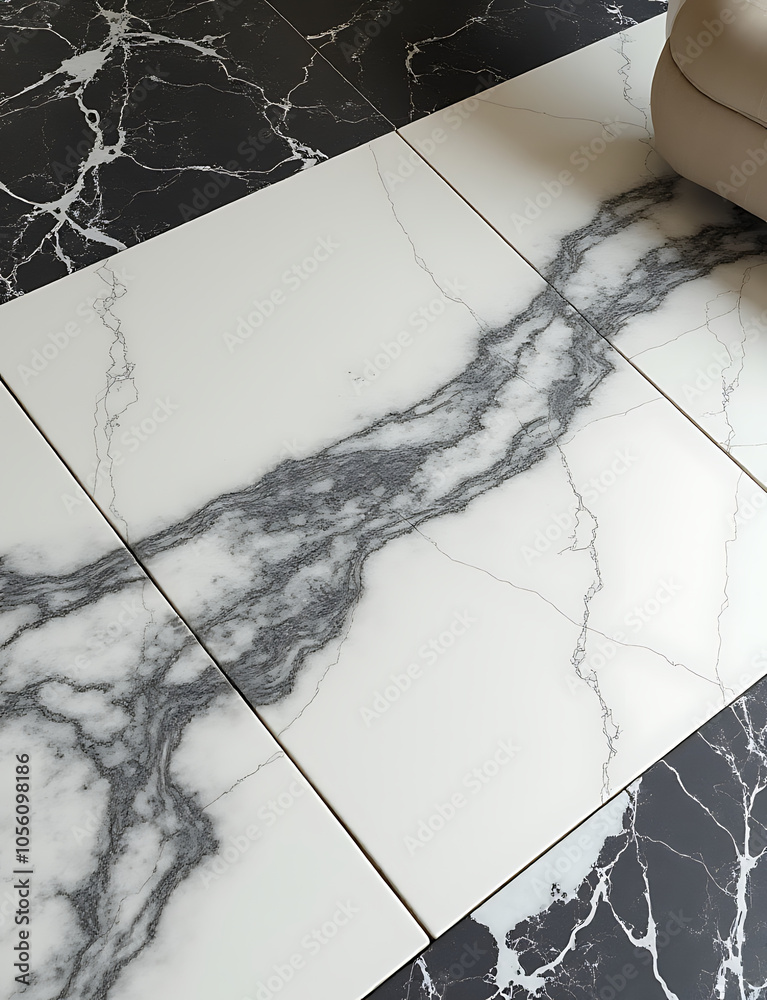 Poster lack marble and gray patterns on white surfaces create a unique and elegant floor design element with natural textures and subtle metallic tones.