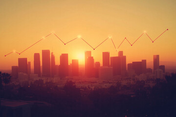 Development and real estate business growth concept with raising up digital financial graphs and stats data indicators on megapolis city buildings on sunset background 