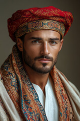 Obraz premium A man wearing a Moroccan fez, with intricate embroidery and a deep red hue, photographed against a soft neutral background, emphasizing the historical elegance of the headwear,
