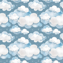 Seamless watercolor cloud pattern on blue background