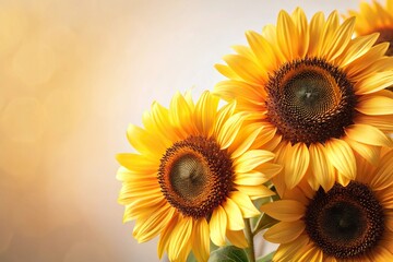 Obraz premium Warm sunflowers with soft, muted yellow petals and dark centers against a creamy white background, organic textures, floral patterns, sunflower wallpaper, warm colors