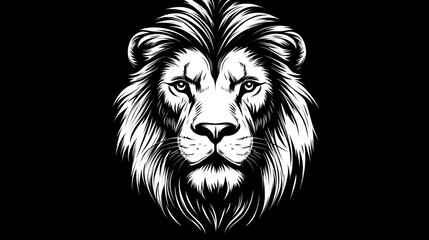Obraz premium Barbary Lion head minimalistic retro style logo illustration. Only black and white colors. Black background, white logo. White color is dominant. Dog face is frontal view. The eyes are on us