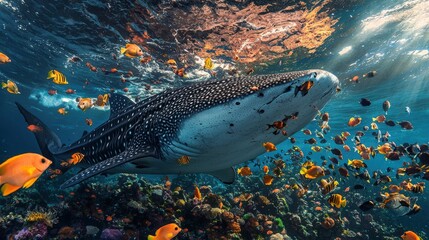 Fototapeta premium A majestic whale shark swims gracefully among colorful tropical fish in clear waters