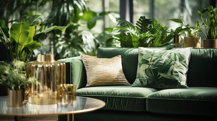 Close up of green velvet sofa with pillows. Modern luxury interior design 