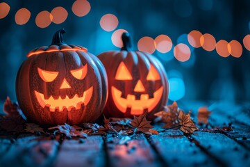 Fototapeta premium Two Glowing Halloween Pumpkins with Spooky Blue Lights, Creating a Festive Autumn Decoration