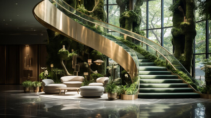 Large lobby hotel with staircase, high ceilings and a huge windows