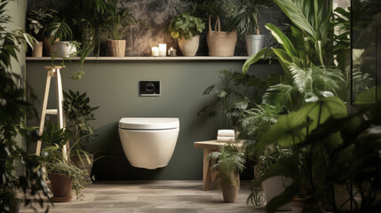 Modern bathroom with toilet and green plants