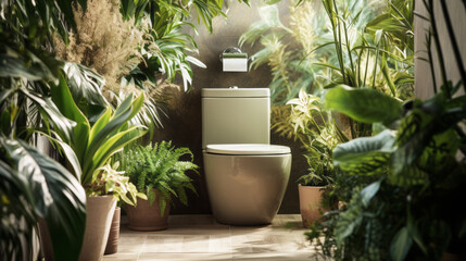 Modern bathroom with toilet and green plants