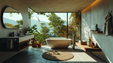 Sleek and modern bathroom interior design with forest view