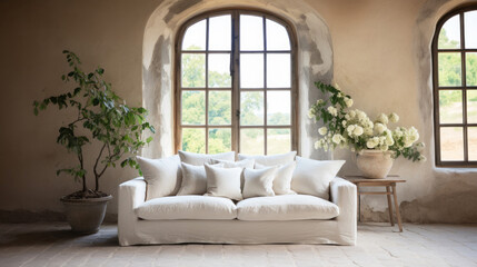 Living room interior with arched window and stone stucco wall
