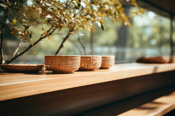 Woven cups on a wooden shelf