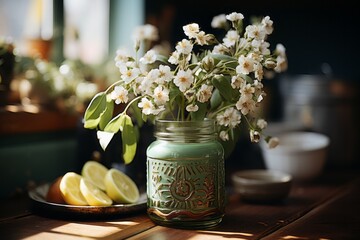 Flowers in vase on wooden counter top