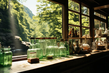 Glass jars on a wooden counter top with a large window behind them