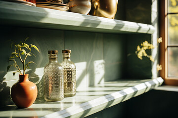 Branch in vase with glass bottles on a wooden shelf
