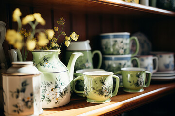 Close up porcelain tea set on a wooden shelf