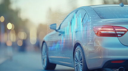 A sleek silver car is driving on a blurred street, overlaid with digital graphics of data and charts, symbolizing advanced automotive technology.