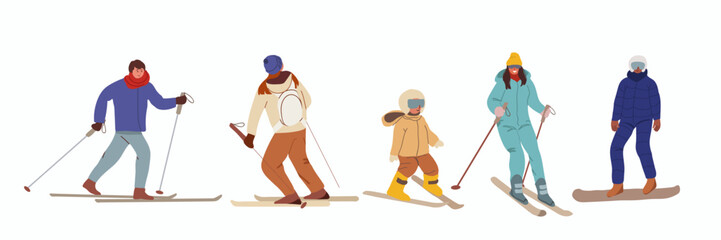 Set of winter skier in various position. Collection of sportsman doing sport activity. Extreme outdoor activity. Youth competition. Isolated on white background. Vector illustration.