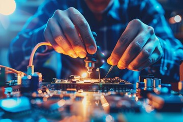 Skilled Hands Precision Soldering Components on Circuit Board, Electronics Repair Close Up