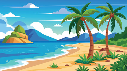 Beach seascape scene with palms