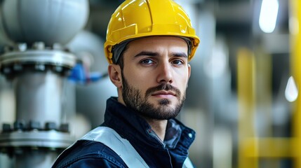 A focused worker in a yellow hard hat stands confidently in an industrial setting, showcasing safety and professionalism.