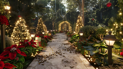 Christmas Lights Illuminate a Magical Forest Path