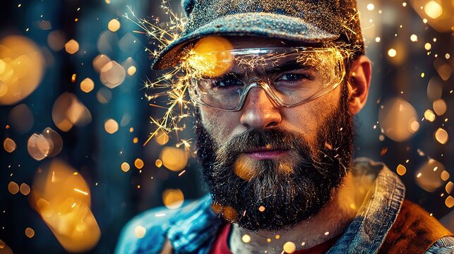 A focused portrait of a bearded man wearing glasses and a cap, set against a backdrop of bright, sparkling lights and a mesmerizing bokeh effect.