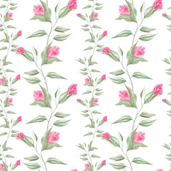 Pink roses, leaves. Garden plants. Watercolor roses. Seamless floral pattern. Roses, watercolor, texture. Home textiles. Tablecloth. Interior, wallpaper. Watercolor roses. Pink. Spring, summer. Flower