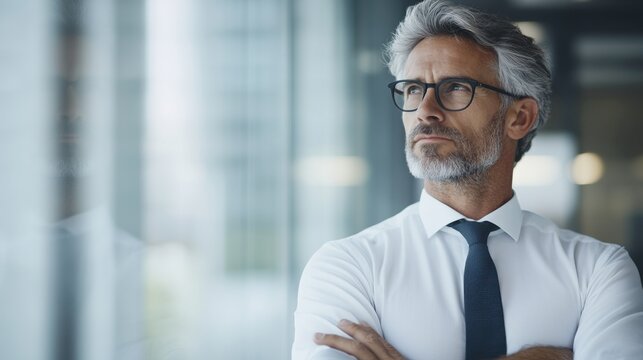 A thoughtful businessman with gray hair and glasses stands confidently, reflecting on ideas in a modern office environment. - Powered by Adobe