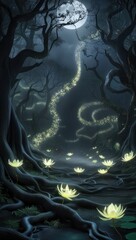 magical flowers sparkling in mysterious forest at night
