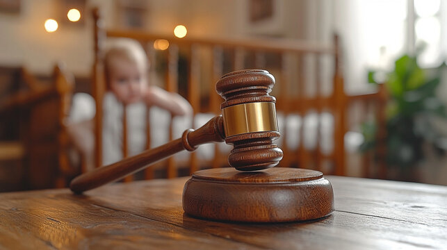 udge's gavel in focus, symbolizing law and justice, with blurred children in the background representing child custody or protection cases. Highlights legal issues surrounding children's welfare