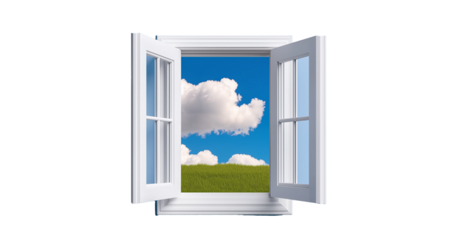 An open window showing a view of a green landscape and blue sky with clouds, isolated on a transparent background. Ideal for nature and architecture themes.