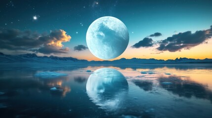 Fototapeta premium A frozen lake, its surface reflecting the stars and moon, creating a surreal and otherworldly atmosphere.